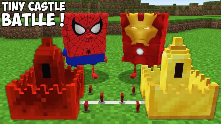 SPONGEBOB SPIDER MAN TINY CASTLE vs IRON MAN TINY CASTLE ! Smallest Castle Battle in Minecraft