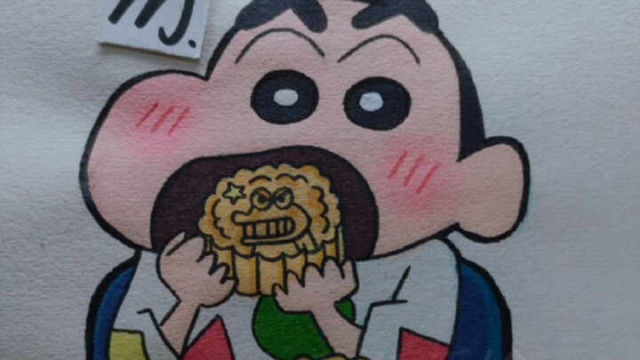 Buatlah gambar: Crayon Shin-chan sedang makan kue bulan