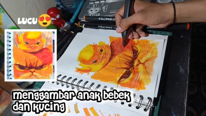 Gambar kucing dan anak bebek Lucuu😍|Drawing