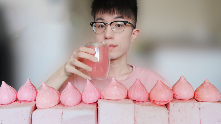 [ASMR]|Ăn toàn đồ màu hồng - marshmallow siêu bự +bánh trứng meringue
