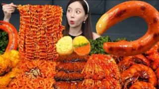 mukbang asmr chicken, buldak fire🔥,noodles kielbasa, sausage,enoki