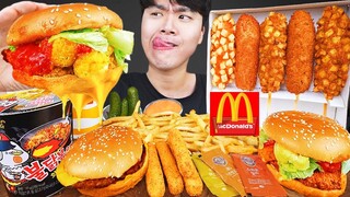 ASMR MUKBANG 직접 만든 햄버거 치즈스틱 불닭볶음면 핫도그 먹방 & 레시피 FIRE NOODLES AND BURGER EATING SOUND!