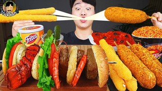 ASMR MUKBANG 직접 만든 햄버거 치즈스틱 불닭볶음면 핫도그 먹방 & 레시피 FIRE NOODLES AND BURGER EATING SOUND!