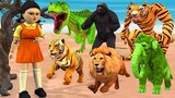 Titan T-Rex, Mammoth Elephant, Zombie Wolf, Lion, Zombie Tiger, Giant Gorilla vs Squid Game Doll
