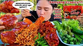 PEDAS MEMBAR4⁉️ MIE SAMYANG BAKSO TELUR AYAM PEDAS DENGAN LALAPAN MENTAH MUKBANG