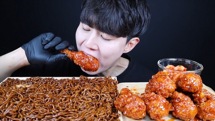 짜파게티 양념치킨 리얼사운드 먹방ASMR MUKBANG BLACK BEAN NOODLES & FRIED CHICKEN ラメン チキン ไก่ Gà