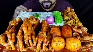 CHICKEN LIVER, GIZZARD and FEET CURRY, EGG CURRY, SPICY GRAVY, RICE, SALAD EATING | ASMR MUKBANG |