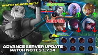 BYE BEATRIX! BIG NERF! NATALIA, WANWAN, FARAMIS & JOY BUFF!  | ADVANCED SERVER PATCH NOTES 1.7.14