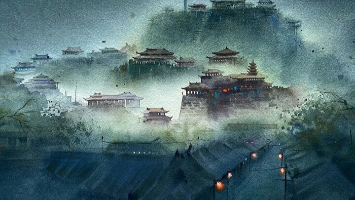 Chinese Watercolor Painting | Houses In The Misty Rain
