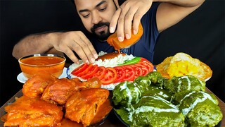 SPICY TANDOORI CHICKEN CURRY, PALAK CHICKEN CURRY, FRIED EGGS, RICE, SALAD ASMR MUKBANG EATING SHOW|