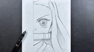 Anime sketch | how to draw nezuko half face step-by-step