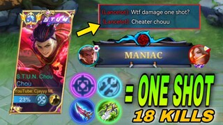 18 KILLS + MANIAC! CHOU BEST BUILD AND EMBLEM FOR ONE SHOT | YOU MUST TRY