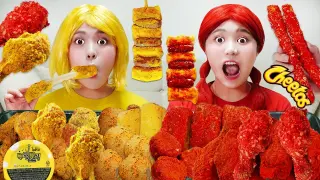 MUKBANG 하이유의 직접 만든 치토스 양념치킨 치즈스틱 치즈볼 뿌링클 치킨 먹방! Red VS Yellow color FRIED CHICKEN EATING | HIU 하이유