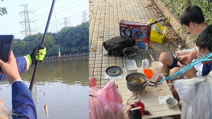 Fishing and eating hotpot on the riverbank at the comic exhibition!