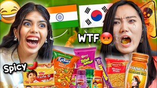 Korean 🇰🇷 tries SPICY Indian Snacks for the first time!! *Hilarious Reaction* 😂