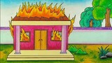 Menggambar tema kebakaran || Cara menggambar rumah terbakar || Cara menggambar api