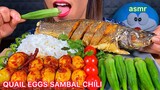 EATING FRIED FISH, SPICY QUAIL EGGS SAMBAL CHILI, RICE, OKRA, HOT CHILI & TOMATOES ASMR Sounds