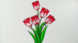 Menggambar bunga tulip || Cara menggambar dan mewarnai bunga yang mudah