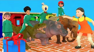 Scary Teacher 3D vs Squid Game overcome obstacles competition to receive rewards, dinosaurs, hippos