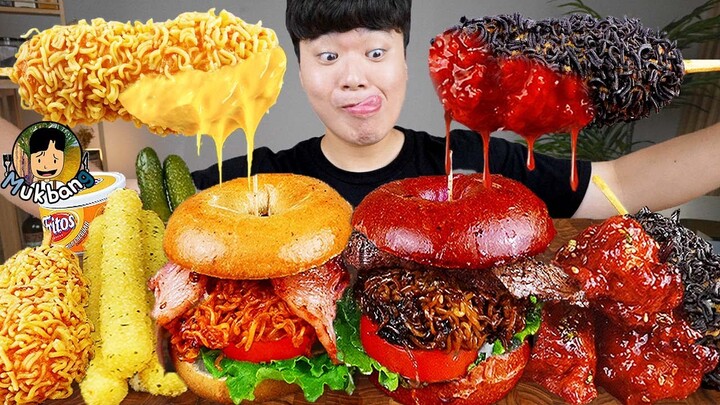 ASMR MUKBANG 직접 만든 햄버거 치즈스틱 불닭볶음면 핫도그 먹방 & 레시피 FIRE NOODLES AND BURGER EATING SOUND!