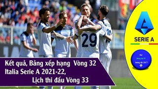 Kết quả & Bảng xếp hạng vòng 32 Serie A Italia 2021-22 Lịch thi đấu vòng 33