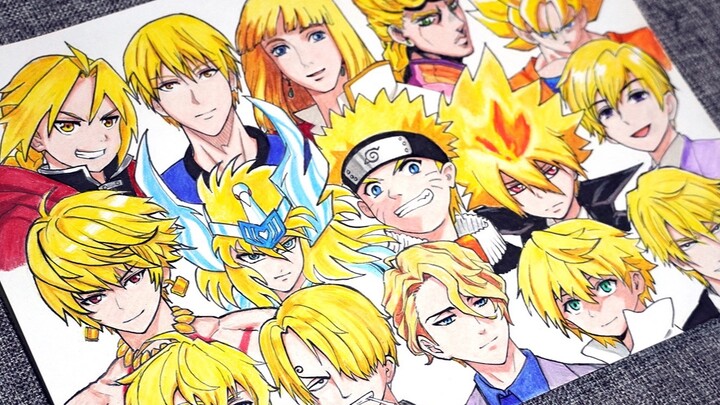 Gambarlah 15 koleksi karakter anime pria emas bersinar [yang dilukis dengan tangan dengan timah berw