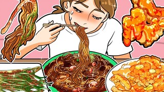 🍜Worker Food Animation: สัมผัสความอร่อยของบะหมี่ผัดกับหมูเปรี้ยวหวาน SSIKBBANG ตูน หลังเลิกงาน