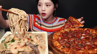 SUB) !🍕(ft&&) Pizza Creamy Steak & Shrimp Pasta Mukbang Asmr