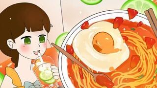 [Animasi FaFaNook] Mie rebus tomat dan telur, dipadukan dengan es teh hitam lemon, musim panas ini s