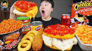 ASMR MUKBANG 직접 만든 치토스 햄버거 치즈스틱 불닭볶음면 핫도그 먹방 & 레시피 FIRE NOODLES AND CHEETOS BURGER EATING SOUND!