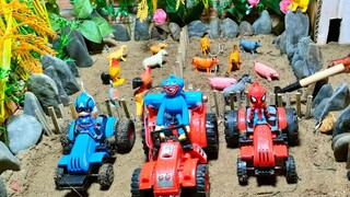 Captaint Amarican and Spiderman Driving a Plow for Farming | house of animals. Creative Countryside