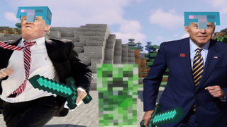 Donal Trump defeating the ender dragon.