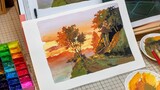 Opaque watercolor｜The entrance of the mountain road under the setting sun｜Hayao Miyazaki｜My Neighbor
