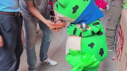 The lizard is placed on the little frog's head. The little frog is helpless.