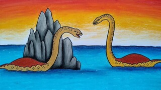 Menggambar dinosaurus di air || Menggambar elasmosaurus || Belajar menggambar dan mewarnai binatang