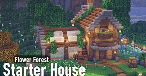 Minecraft How To Build A Starter House With Greenhouse Flower Forest Biome Bilibili