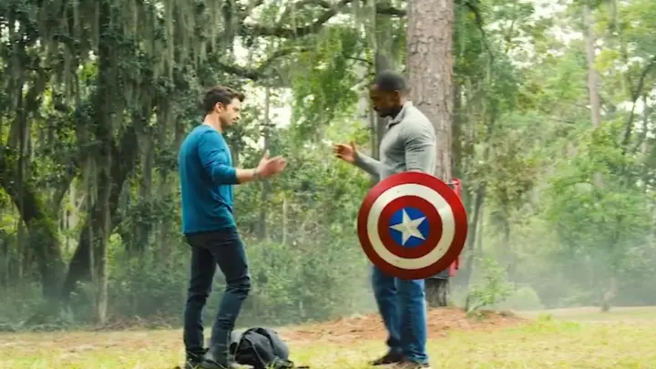 The Falcon and the Winter Soldier are training shields together. This combination is too cool!