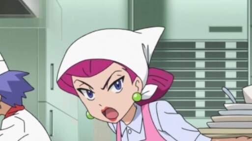 Pokémon final episode: Musashi Kojiro working in the cafeteria of Team Rocket headquarters, meow~