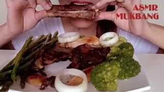 GRILLED T-BONE STEAK ASPARAGUS KING OYSTER MUSHROOM STEAMED BROCCOLI | EATING SHOW | NO TALKING