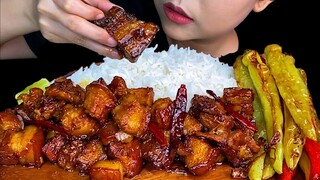 SPICY FOOD||Spicy Braised Pork Belly, Fried Chili & White Rice * MUKBANG SOUNDS *