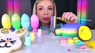 ASMR PASTEL FOOD, CHUBBY BOTTLE JELLY, BUNNY COOKIE, MARSHMALLOW PEEPS, EASTER DESSERT MUKBANG