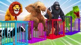 Jump Over Spinning wheel with Cow, Gorilla, Zombie T-Rex, Lion, Elephant | Animals trapped in Cage