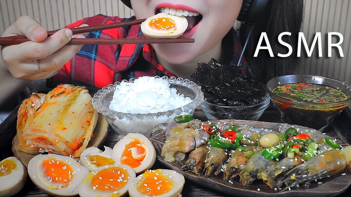 ASMR EATING RAW SHRIMPS AND EGG MARINATED IN SOY SAUCE EATING SOUNDS | LINH-ASMR 먹방 mukbang
