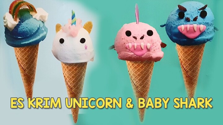 Es Krim Baby Shark dan Unicorn 💙 Cita Icip Rasa Taro dan Vannilla 💙 Enak Banget