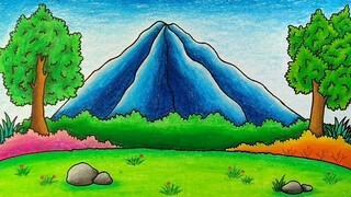 Cara menggambar dan mewarnai gunung || Menggambar pemandangan alam pegunungan