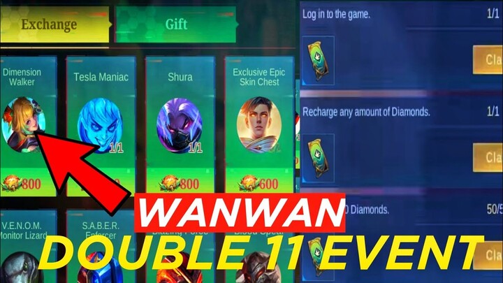 WANWAN DOUBLE 11 EVENT PRIZE POOL || MOBILE LEGENDS NEW FREE SKIN EVENT || MLBB