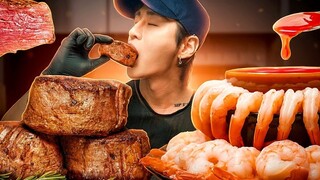 ASMR FILET MIGNON & SHRIMP COCKTAIL MUKBANG 먹방   COOKING & EATING SOUNDS