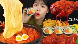 ASMR มุกบัง โฮมเมดชีส Tteokbokki ไก่ปรุงรส Gimbap Mukbang & สูตรไก่ทอดและ Tteokbokki EATING