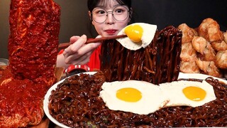 SUB)실비김치에 짜왕 먹방! 바삭한 튀김만두까지 짜파게티 파김치 꿀조합 리얼사운드 jjajang ramyeon