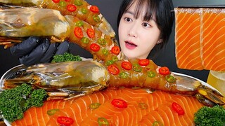 [ONHWA] Tôm sú ướp xì dầu + cá hồi sống ướp xì dầu nhai âm thanh!